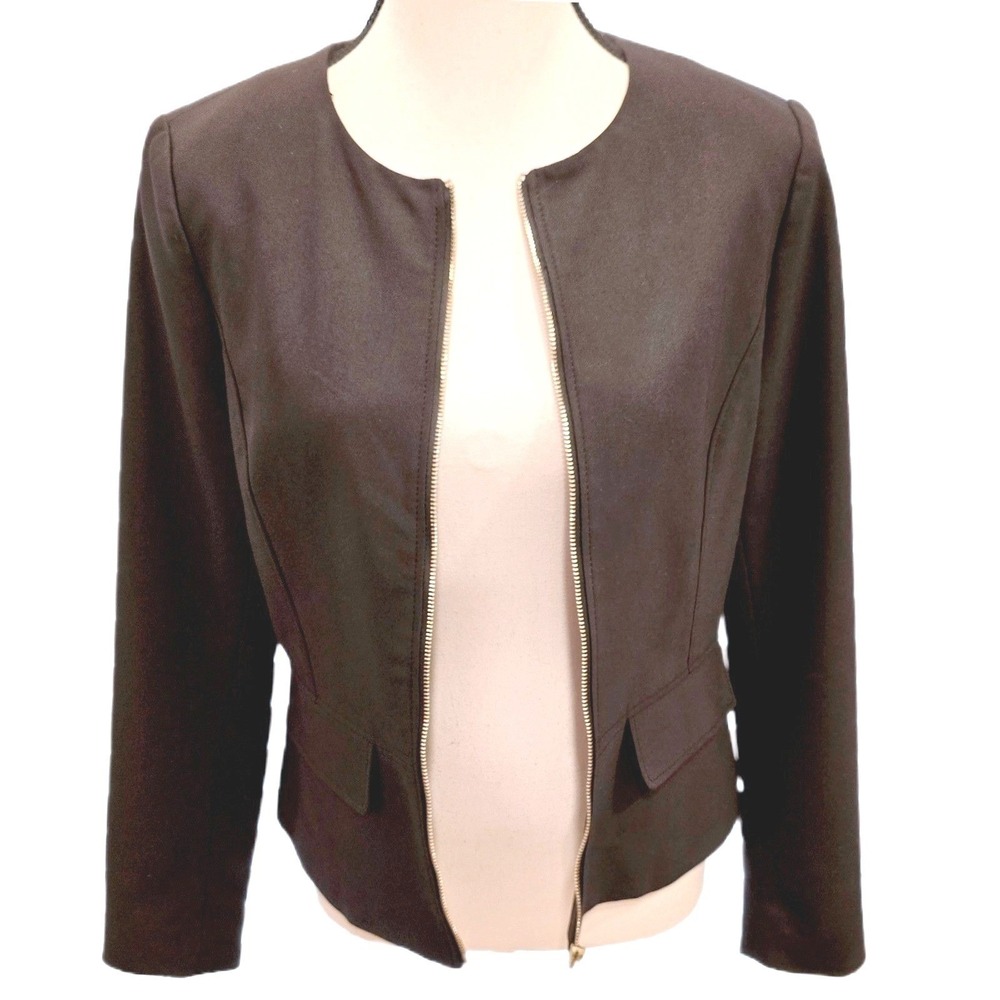 Contemporaine by Simons Black Peplum Blazer Jacket Gold‎ Zip Professional Size 8